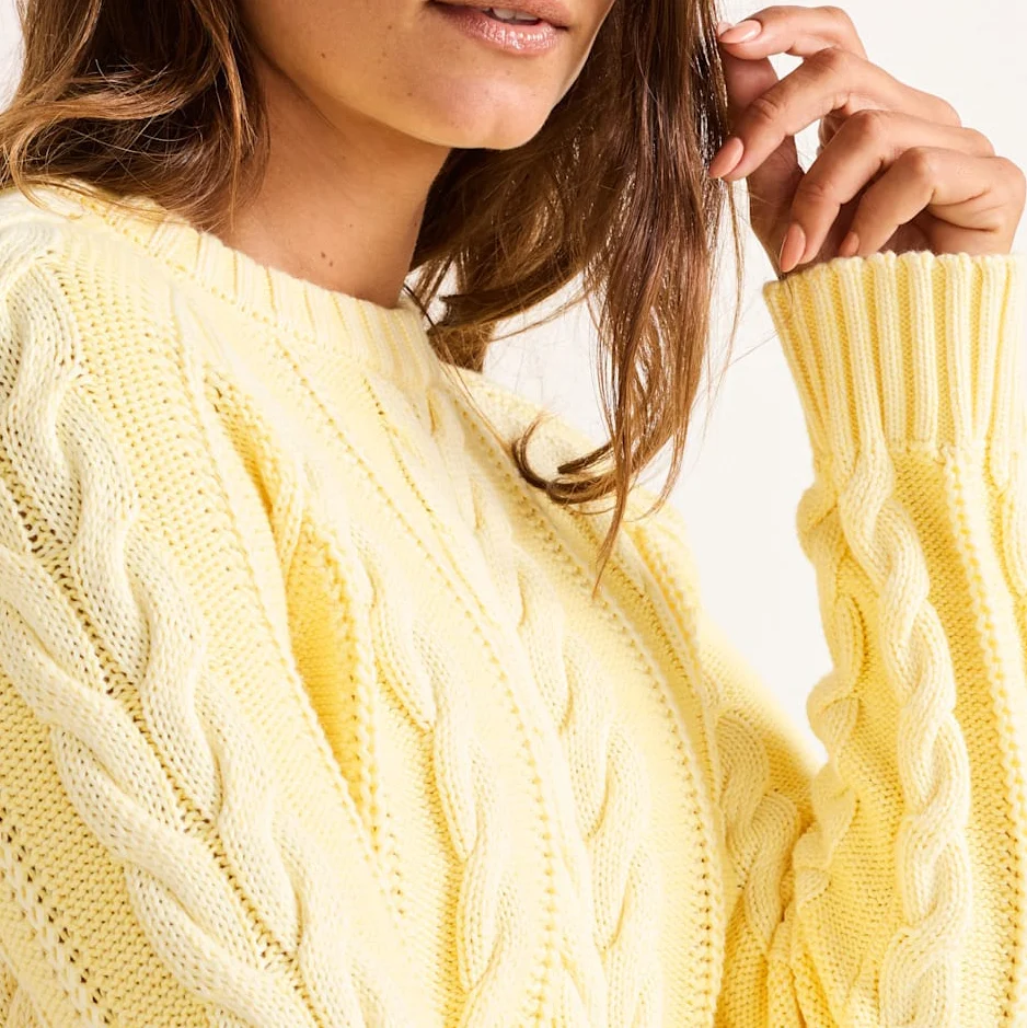 Womens Cotton Cable Sweater - Butter Yellow - Image 4